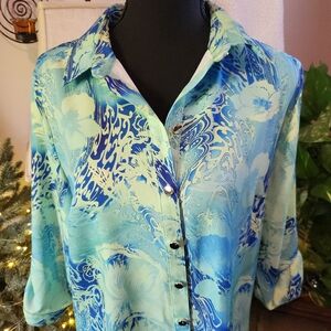 Aqua and Navy Women's Button-Down Shirt